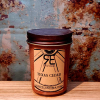 Texas Cedar handmade western candle — bold earthy cedar soy candle in 8 oz jelly jar, Rustic Enigma New Mexico