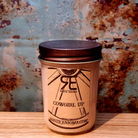 Cowgirl Up handmade western candle — vanilla sandalwood soy candle in 8 oz jelly jar, Rustic Enigma New Mexico