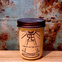 Cowboy on the Beach handmade western candle — pineapple coconut leather soy candle in 8 oz jelly jar, Rustic Enigma New Mexico