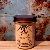 High Cotton handmade western candle — clean cotton amber woods soy candle in 8 oz jelly jar, Rustic Enigma New Mexico