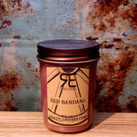 Red Bandana handmade western candle — strawberry leather soy candle in 8 oz jelly jar, Rustic Enigma New Mexico