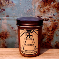 Leather handmade western candle — bold authentic leather soy candle in 8 oz jelly jar, Rustic Enigma New Mexico