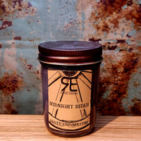 Midnight Rider handmade western candle — masculine cologne leather soy candle in 8 oz jelly jar, Rustic Enigma New Mexico