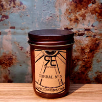 Corral No. 5 handmade western candle — bergamot jasmine leather oakmoss soy candle in 8 oz jelly jar, Rustic Enigma New Mexico