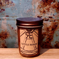 Cattle Baron handmade western candle — cedar tobacco leather soy candle in 8 oz jelly jar, Rustic Enigma New Mexico