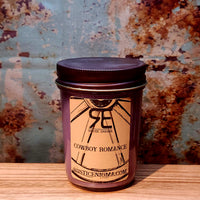 Cowboy Romance handmade western candle — leather cologne soy candle in 8 oz jelly jar, Rustic Enigma New Mexico