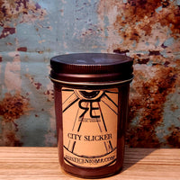 City Slicker handmade western candle — lemon marine cedarwood soy candle in 8 oz jelly jar, Rustic Enigma New Mexico