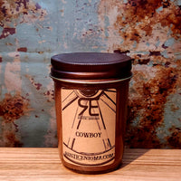 Cowboy handmade western candle — citrus bergamot cedarwood amber soy candle in 8 oz jelly jar, Rustic Enigma New Mexico