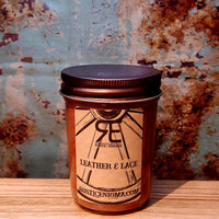 Leather & Lace handmade western candle — warm leather vanilla soy candle in 8 oz jelly jar, Rustic Enigma New Mexico