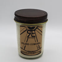 Island Cowgirl handmade western candle — coconut cocoa bean lemon vanilla soy candle in 8 oz jelly jar, Rustic Enigma New Mexico