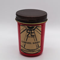 Cowgirl Kisses handmade western candle — cherry chapstick soy candle in 8 oz jelly jar, Rustic Enigma New Mexico